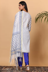 White Cotton Kurta Set With Block Print